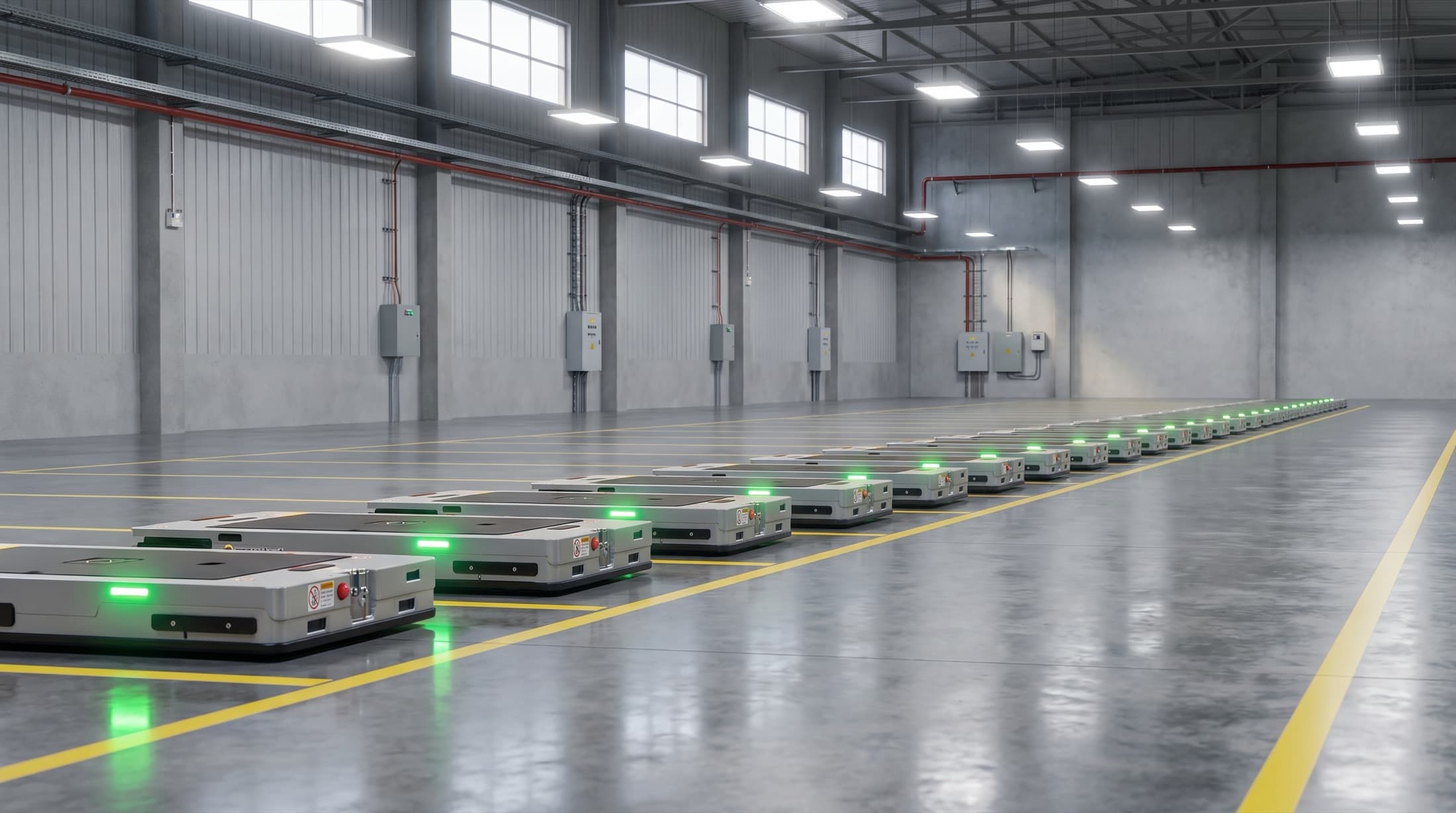 Autonomous mobile robots lined up inside an industrial facility